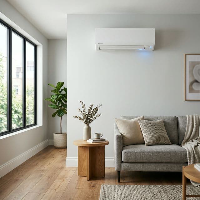 Climatisation murale moderne installée dans un salon contemporain